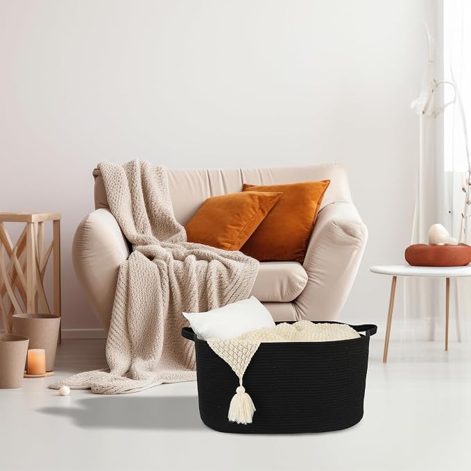 XUANGUO Large Rectangle Blankets Basket Living Room 22"x17"x12" Woven Cotton Rope Storage Baskets for Nursery Toy Baskets for Kids and Dogs Wicker Laundry Basket Bin for Clothes Towels black
