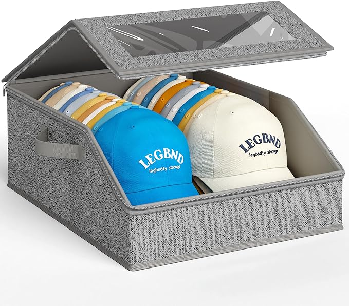AOODA Sturdy Hat Storage for Baseball Caps, Holds up to 24 Caps Clear Hat Organizer for Closet, Bedroom, Wide Hat Box with Cardboard (Slate Grey)
