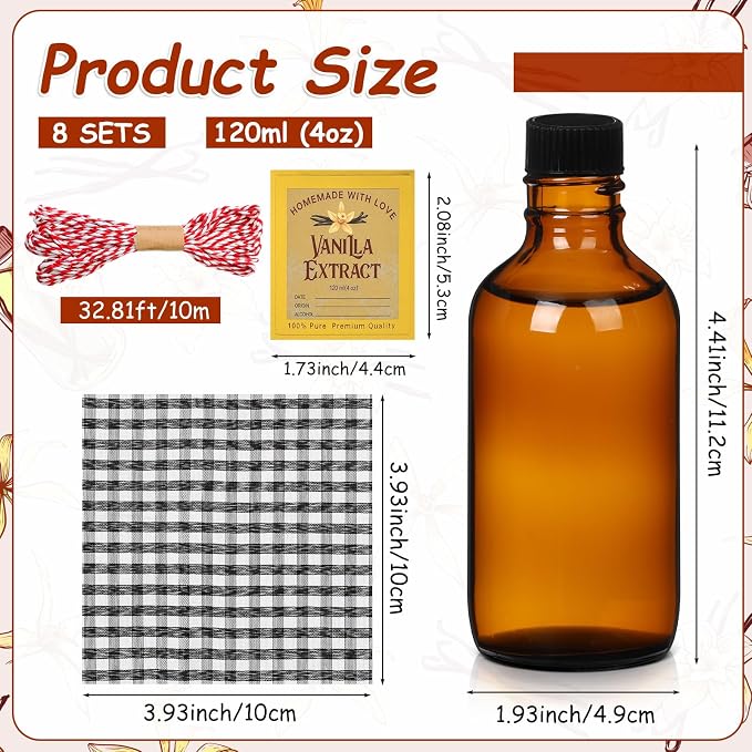 Uiifan 8 Pcs Glass Bottles Jars for Vanilla Extract 4 oz Amber Glass Jars with Caps Boston Round Bottles with Vanilla Extract Labels Stickers for Syrup Gift Food Storage Canister Set Sauce Beans