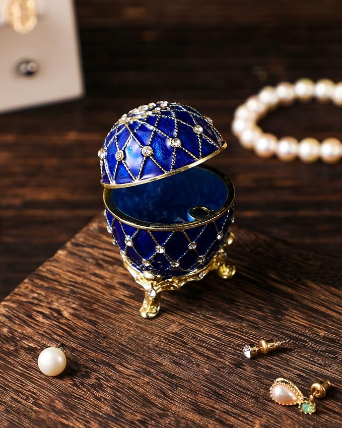 Hand Painted Trinket Box Enamel Faberge Egg Vintage Jewelry Box Easter Egg Hinged Metal Jewelry Organizer Decorative Treasure Box Unique Gifts