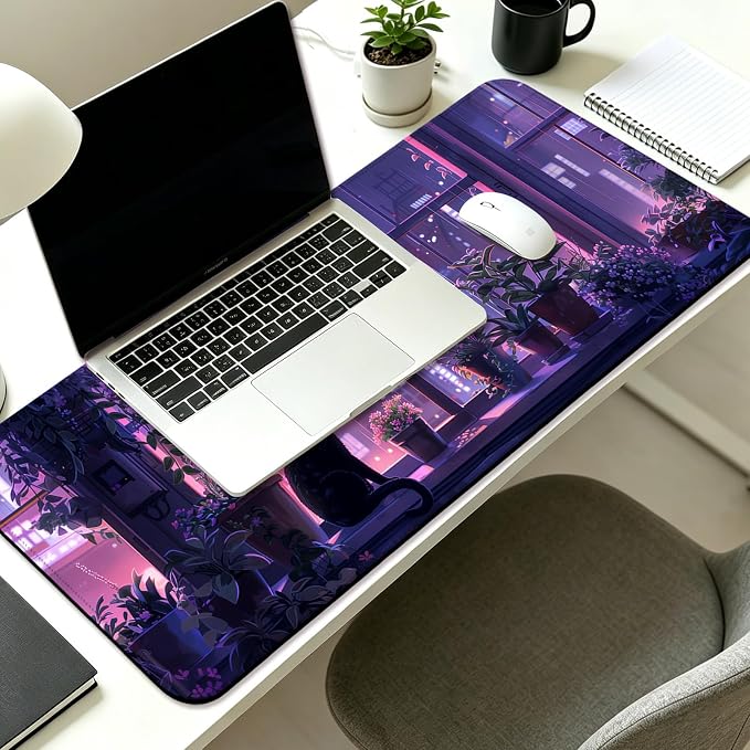 Japanese Anime Cute Cat and Plant Gaming Desk Mat, Computer Keyboard Large Extended Kawaii Animal Mouse Pad for Office and Home, 31.5×11.8 Inches, XL, Purple