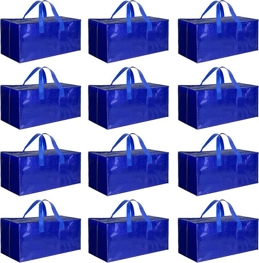 Simple Deluxe 12 Pack Extra Large Moving Bags with Backpack Straps, Strong Handles/Zippers, Heavy Duty Storage Tote for Moving Travel Camping Space Saving, Blue