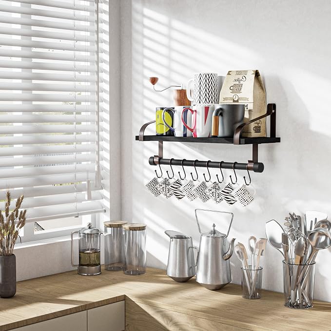 Love-KANKEI 17.3" Floating Wall Shelf Wood/Bracket,Coffee Bar,Black/Brown | Spice Rack,Towel Bar/8 Hooks,40 Lbs/shelf,Easy to Install,For Kitchen,Bathroom,Living Room,Bedroom,Office,Entryway Display