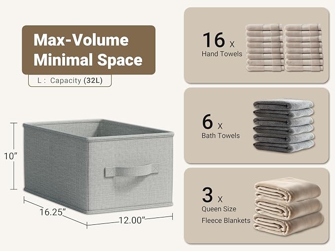 LayerSpace 3 Pack Fabric Storage Bins for Shelves | 16.25x12x10in Closet Storage Baskets | Collapsible Storage Bins |Fabric Closet Organizers with Handles | Light Gray