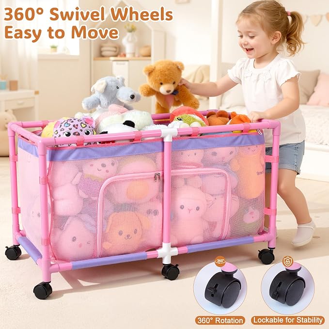 FIOBEE Toy Box for Girls Boys with See-Through Mesh & 360° Rotating Wheels Toy Chest Organizer Easy Install Stuffed Animal Storage for Nursery Playroom Toy Storage Bin, Pink