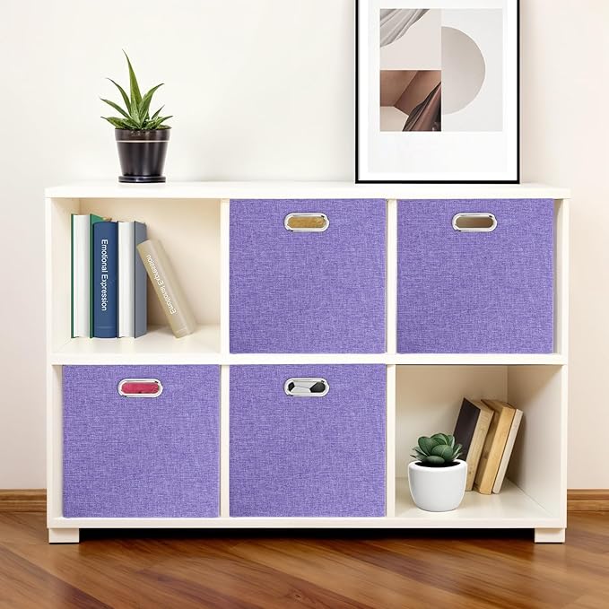 Foldable Cube Storage Bin Organizing Baskets Cubby Boxes Fabric Storage Cubes Organizer Bins with Handles for Organization Shelf Closet, 13"x13"x13", Pack of 4, Purple