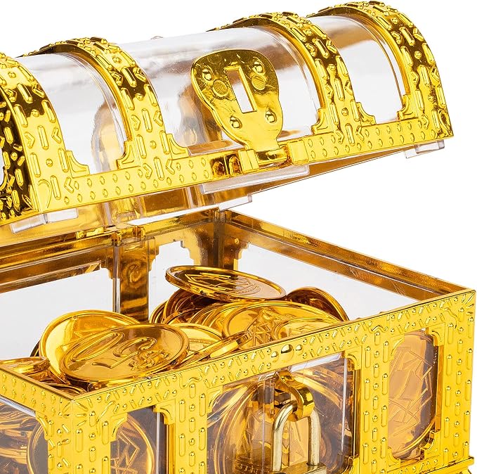 Treasure Chest with Lock and Key,Pirate Theme Party Favors for Kids,Transparent Golden Pirate Chest