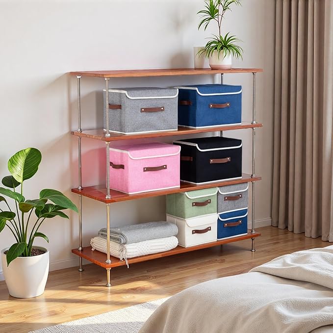 Collapsible Storage Boxes Baskets with Lid Cotton Linen Fabric Storage Bins with Faux Leather Handles Decorative Washable Cube Organizer Container for Home Closet Bedroom (Pink, Small Size)