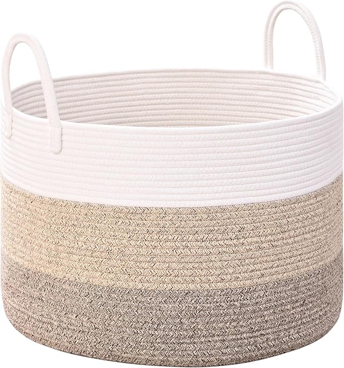 67L Large Woven Blanket Basket, Cotton Rope Baby Laundry Hamper with Handles, Kids Toy Basket for Classroom & Nursery, Soft Round Stuffed Animal Storage, Dog Toy Bin - 20"x13", Jute