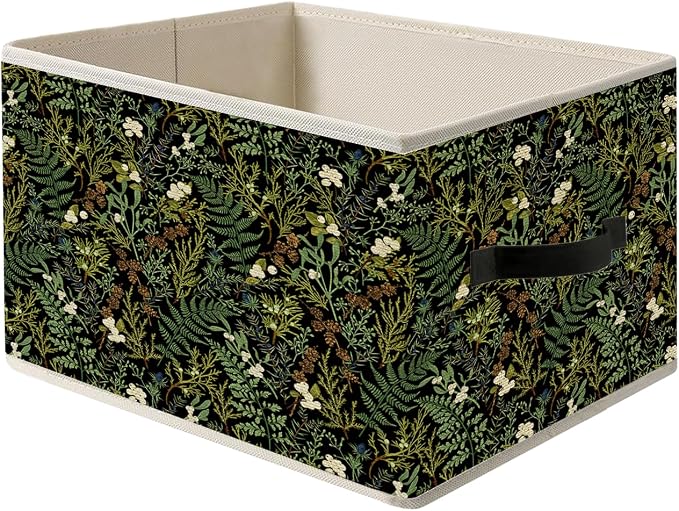 Dark Green Floral Botanical Storage Bin Box with Handles, Rustic Cottagecore Flower Fern Plant Foldable Organizer Basket Toybox for Home Bedroom Bathroom Clothes Toys Books
