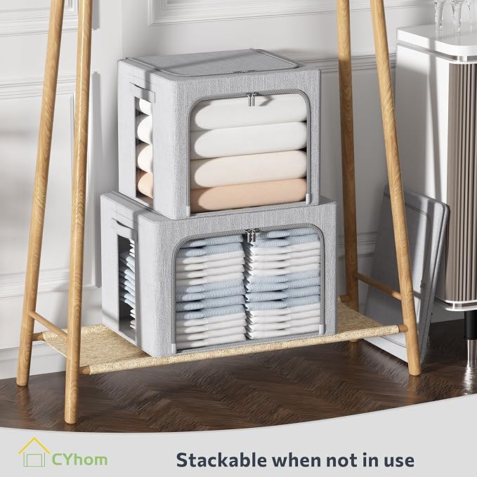 CYhom Clothes Storage Bins Box - Linen Fabric Foldable Stackable Container Organizer Set with Clear Window & Carry Handles & Metal Frame (Light Grey, Medium-36L)