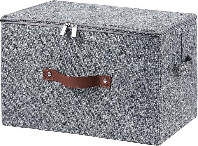 Storage Bins with Zipper Lid Cotton Linen Fabric Lidded Storage Baskets Boxes Foldable Washable Closet Shelf Clothes Organizer Container with PU Leather Handles (Gray, Large Size)