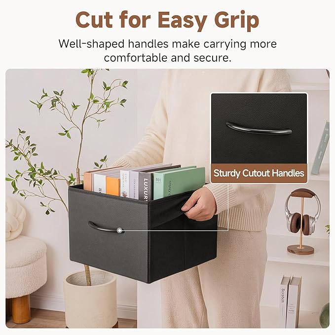 StorageWorks Black Storage Bins, Leather Front Fabric Storage Bins with Handles, Closet Organizers and Storage Bins, Organizer Baskets for Shelves and Closet, Collapsible Storage Baskets, 4-Pack