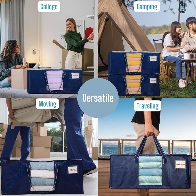 VENO 6 Pack Heavy Duty Moving Bags, Packing Bags with Clear Window, Alternative to Moving Boxes, Storage Bins for Clothes, Blankets, Comforters, College Dorm Essentials (Blue, 6 Pack)