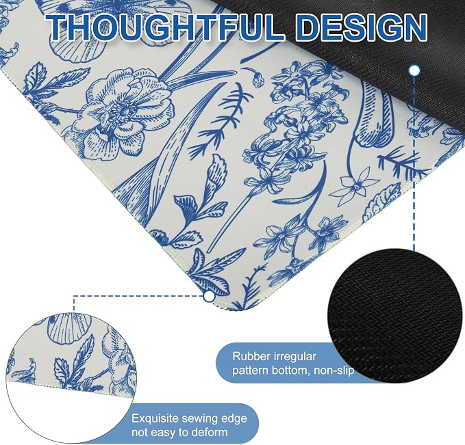 L-SPOUTTO Blue Floral Desk Mat for Keyboard and Mouse,XXL Gaming Mouse Pad | Large 35.4x15.7in Non-Slip Rubber Base Keyboard Pad ,Waterproof Desktop Mat for Laptop Computer Work Home Office