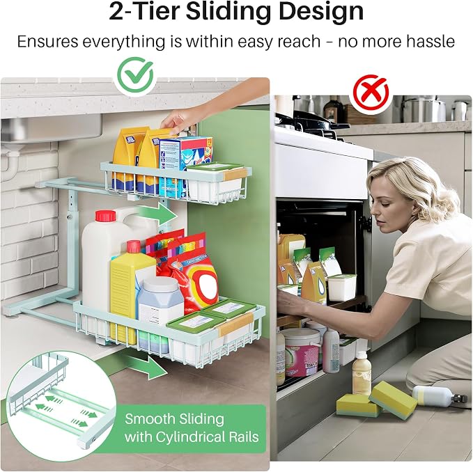 Kitstorack Under Sink Organizer, 2 Tier Under the Sink Storage, Slide out Pull out Cabinet Organizer Shelf, Metal Sliding Drawer for Kitchen Bathroom Pantry Closet Organization Rack, Blue, 2 Pack