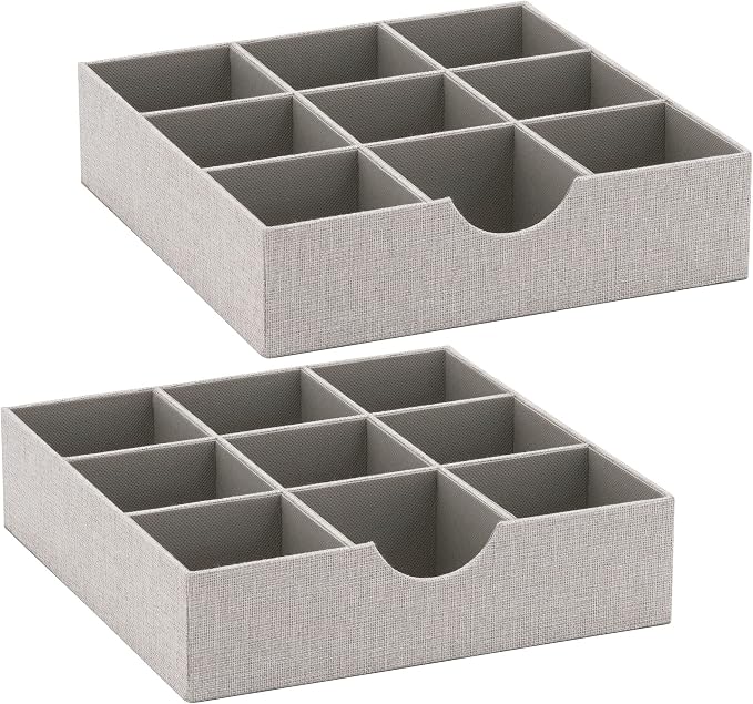 Household Essentials Drawer Organizer Tray with Fabric Cover and 9 Square Compartments, Gray, Set of 2