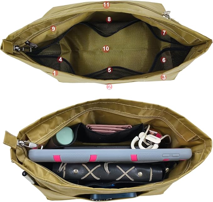 Handbag Tote Purse Organizer Insert, Small, Khaki Green | Bag Divider Liner Shaper Separator in Bag with Zipper, 11 Pockets Compartments