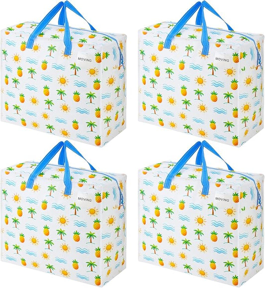 VENO 4 Pack Heavy Duty Moving Bags, Storage Bags, Packing Supplies, Top Zipper, Storage Totes for Camping, Clothes, Bedding, Comforters, Pillows (22 Gallon, Tropical Island, 4 Pack)