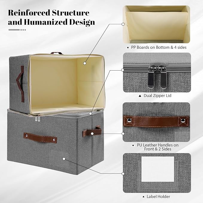 ANMINY 3PCS Storage Bins with Zipper Lid Storage Boxes with Label Holder PU Leather Handles Washable Foldable Decorative Lidded Cotton Linen Fabric Cubes Baskets Closet Organizer - Gray, Medium