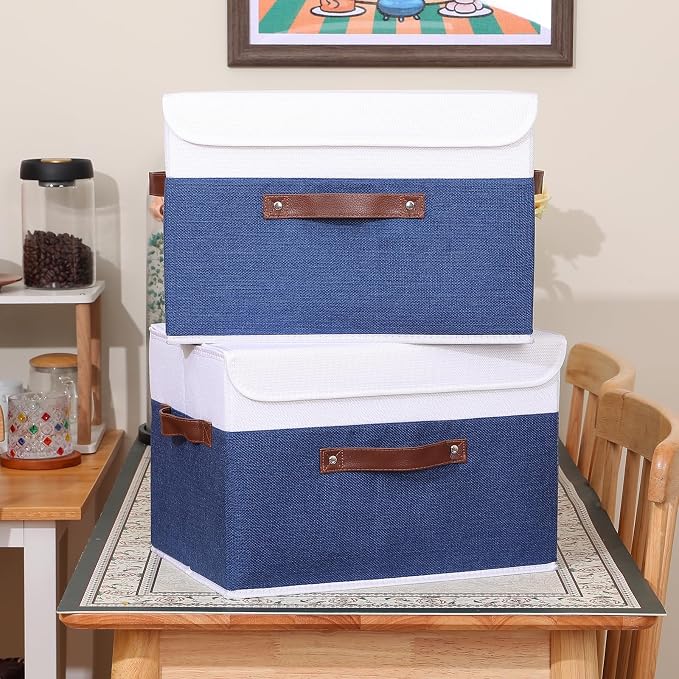 ANMINY 2PCS Storage Boxes with Lid Washable Decorative Storage Bin Basket with PU Leather Handle Foldable Linen Fabric Storage Cube Container for Home Closet Organizer - Deep Blue White, Large Size