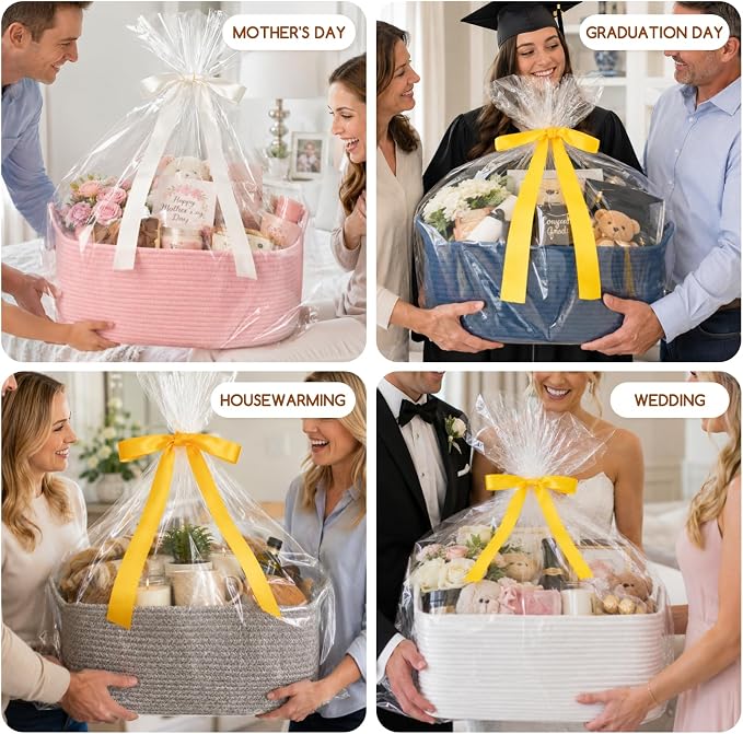 OIASKET Large Empty Cotton Rope Gift Basket with Handles, 16.5"x12.6"x7" Decorative Woven Storage Basket with Gift Bag and Ribbon Set for Baby Shower, Toy Organizer for Kids, Dogs & Cats - Grey