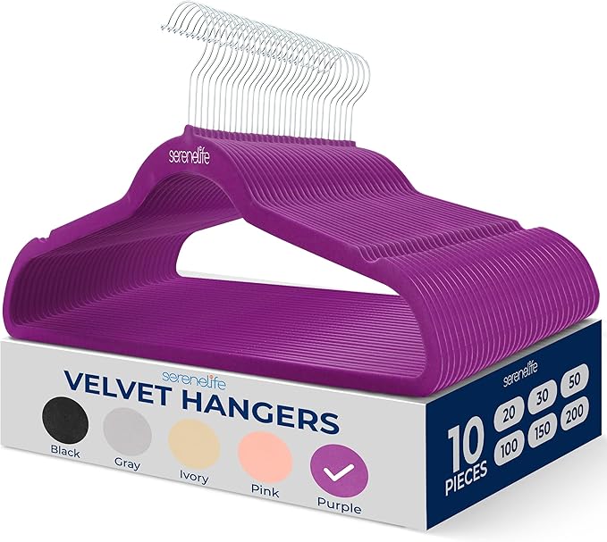 SereneLife Velvet Hangers – 10 Pack, Slim & Space Saving for Closets | Soft velvet grip prevents slipping on silk, satin & knitwear – 360° swivel hook fits all standard closet rods