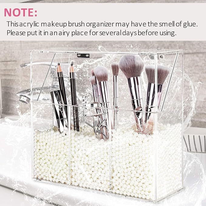 YestBuy Clear Makeup Brush Holder, Acrylic Makeup Brush Organizer For Vanity, Cosmetic Brush Storage Box with Pearls, For Bathroom, Bedroom, Vanity Countertop