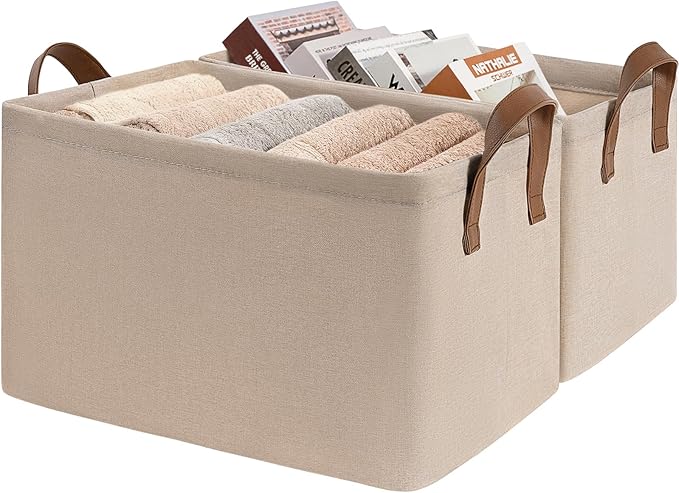 CHICVITA Storage Baskets for Shelves, Extra Large Closet Organizer Bins with Metal Frame, Collapsible Fabric Storage Bins for Living Room, 19" L x 13" W x 11" H, Brown, 2-Pack