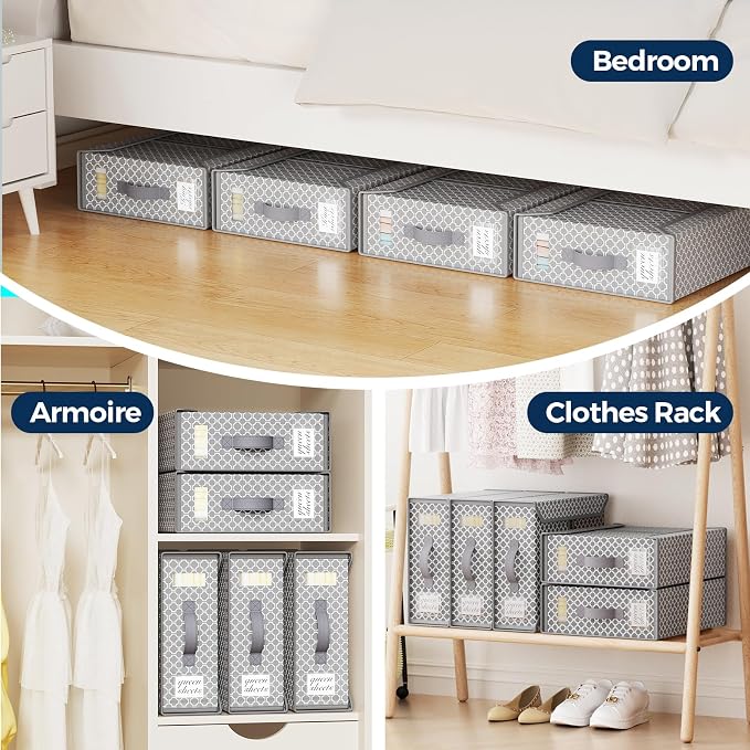 Yecaye 4 Pack Bed Sheet Organizers and Storage (King & Queen Size), Foldable Sheet Set Organizer With Clear Window and Label, Bedding Storage Box Container for Blanket, Duvet Cover, Bed Sheet