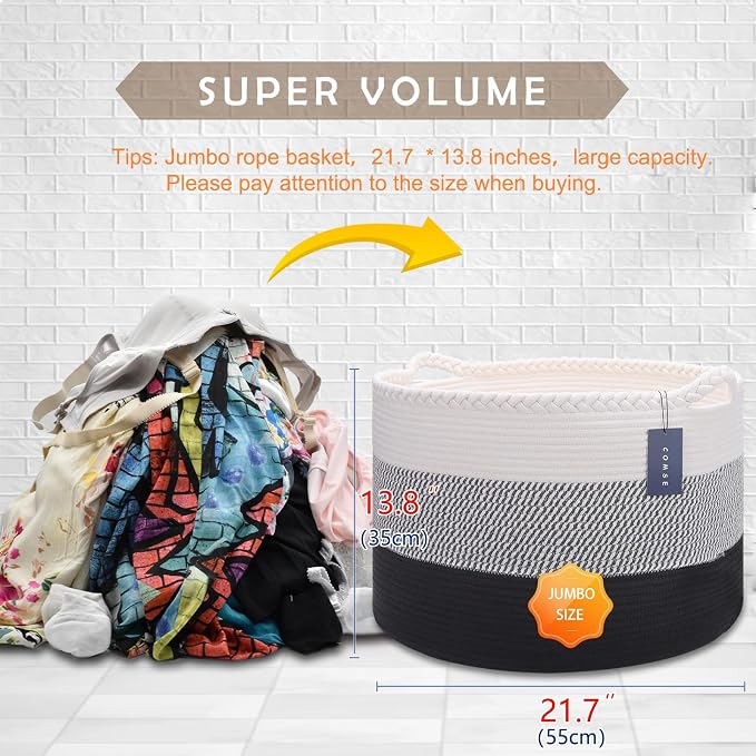 COMSE Extra Large Blanket Basket, Woven Laundry Basket, 21.7”x 13.8”, Nursery Hamper, Cotton Rope Laundry Hamper Living Room for Storage Toys Clothes Towels (White &Gray &Black)