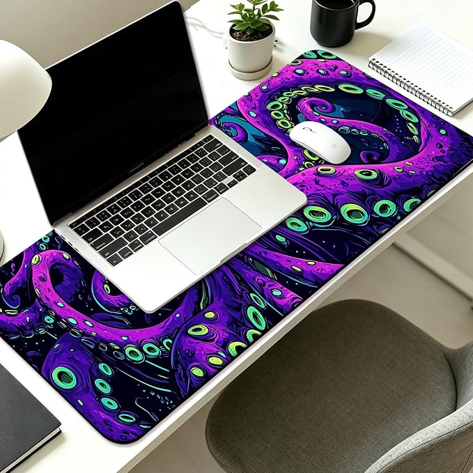 Octopus Monster Gaming Desk Mat, Computer Keyboard Large Extended Cool Neon Animal Mouse Pad for Office and Home, 31.5×11.8 Inches, XL
