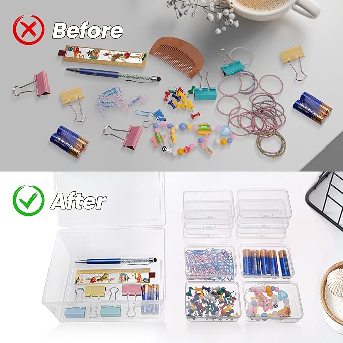 zoeynex Medium Plastic Organizer Boxes, 12 Clear Containers with Hinged Lids, for Beads, Jewelry, Crafts, Electronics, Hardware, School Supplies (32 Labels)