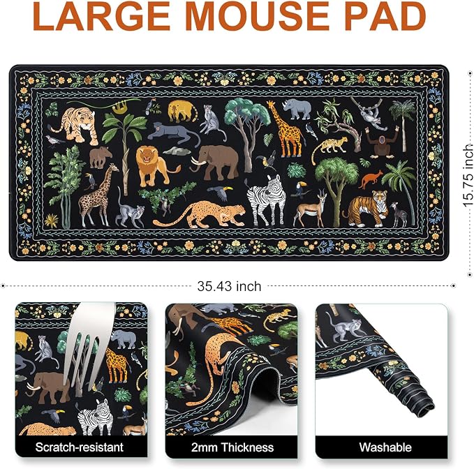 L-SPOUTTO Jungle Animal Desk Mat for Keyboard and Mouse, Black Mouse Pad | XXL Large Non-Slip Keyboard Pad Waterproof Desktop Mat for Laptop Computer Work Game Home Office