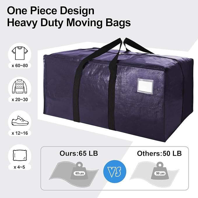 VELVETSURE Heavy Duty Extra Large Moving Bags W/Backpack Straps - Strong Handles & Zippers, Storage Totes For Space Saving, Fold Flat, Alternative to Moving Box and Storage Bin (Set of 6, Blue)
