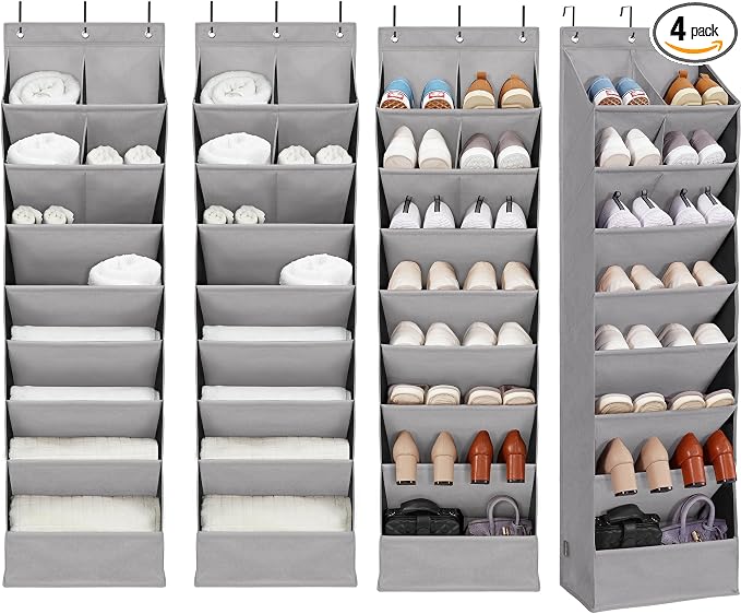 4 Pack Shoe Organizer with 6 Extra Large Pockets and 4 Large Pocket, Over the Door Sturdy Closet Storage Rack, Hanging Shoe Organizer for Shoes, Sneakers, Grey