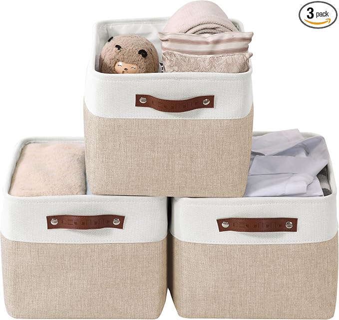 DECOMOMO Storage Bins, Large Fabric Storage Baskets for Shelves, Decorative Linen Closet Organizer, 15 x 11 x 9.5 inches (Beige & White, 3 Pack)
