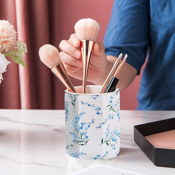 Pencil Holder for Desk Organizer,Ceramic Writing Utensil Storage Organizer Aesthetic Floral Pattern Pen Holder Pen Cup Makeup Brush Holder Creative Gift for Desktop Supplies,School Life Blue