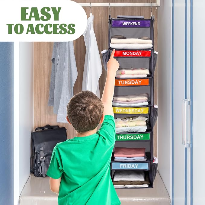6-Shelf Weekly Clothes Organizer for Kids, Hanging Daily Closet Organization with 6 Side Pockets, Days of The Week Clothing Divider Storage for Boys and Girls (Grey)