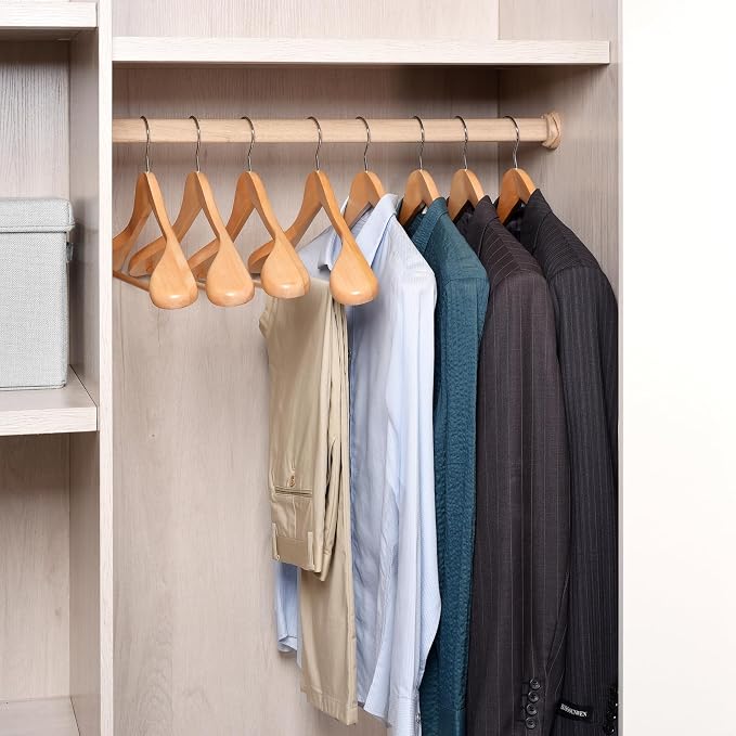 Amber Home 6 Pack Wide Shoulder Wooden Suit Hangers, Natural | Natural Wood Coat Hangers with Non Slip Pants Bar, Clothes Hangers for Jackets, Sweaters, Pants & Heavy Clothes