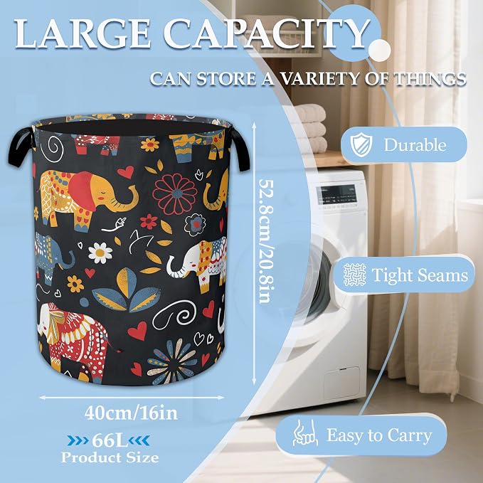 Boho Elephant Laundry Basket Collapsible Laundry Hamper Clothes Storage Bin for Bathroom Bedroom Room Decor 16" X 20.8"