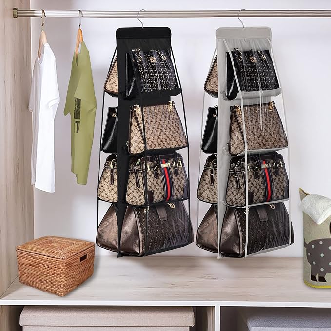 Lirex 2-Pack Handbag Hanging Purse Organizer for Closet, 8 Pocket Handbag Storage Organizer Hanger Oxford Cloth Closet Organizer for Family Closet Bedroom, Foldable and Universal Fit, Black