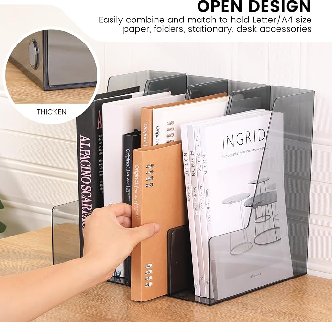 CiWiVOKi Vertical File Holder, PET Desk Organizer and Storage Bins Holding for Magazines, Binders, Notebooks, Envelopes, Papers, Multi-purpose Plastic Document Organizer for Home Office, Black, 4 Pack