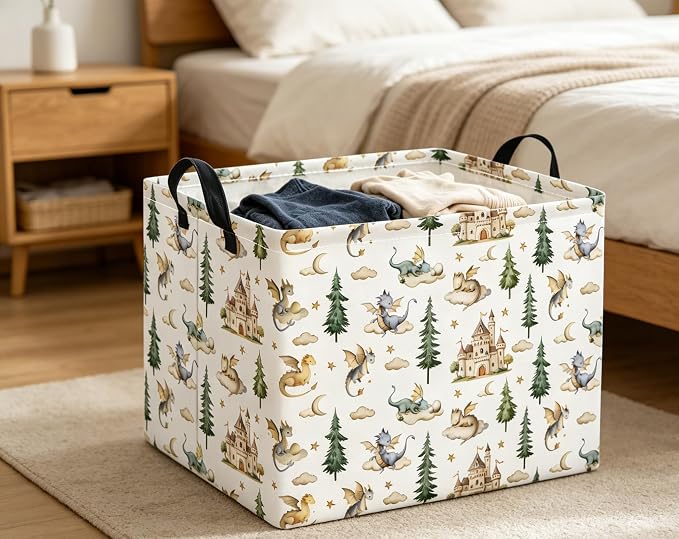 Rectangular Baby Kids Storage Basket for Home Kitchen Girls Cute Toy Storage Bin Organizer Shelf Book Room Decor(Castle Dinosaur)