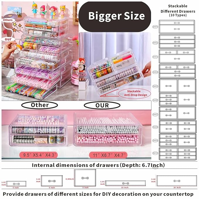 Cq acrylic Clear acrylic organizers Countertop,2 Large Drawers stackable storage bins,clear storage bins for Vanity Jewelry,Hair Accessory,Beauty,Skin Care,Skincare Product stackable storage drawers