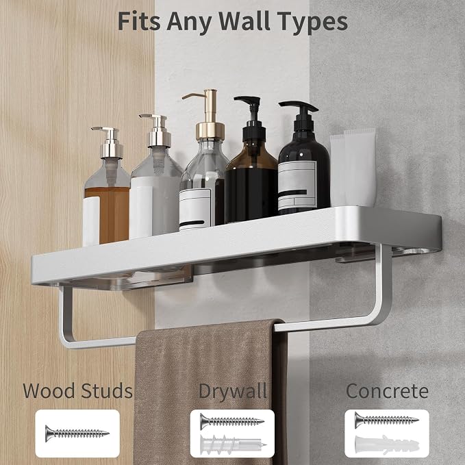 Danpoo 20 Inch Long Floating Bathroom Shelf with Towel Bar, Clear Tempered Glass Wall Shelf for Bathroom Storage Organizer, Matte Silver