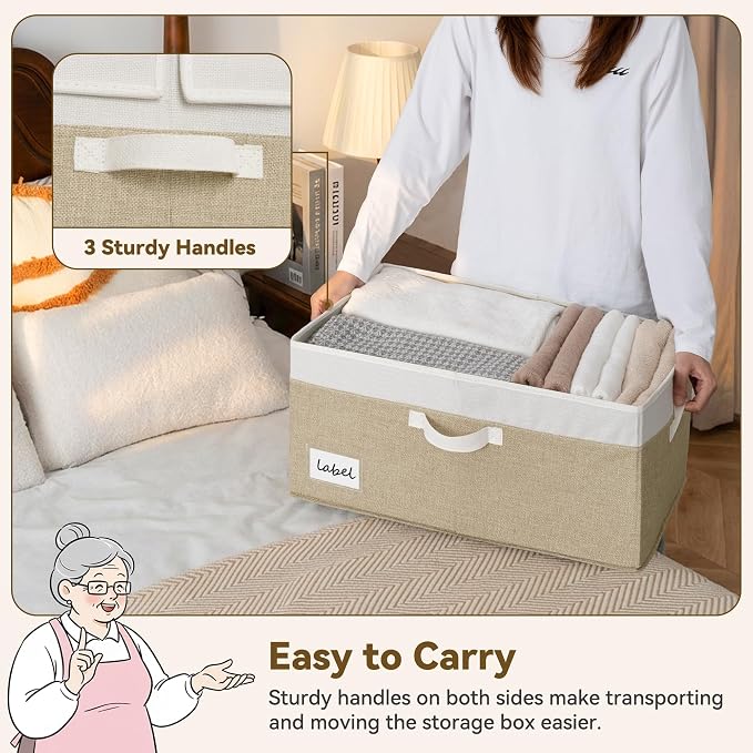 GRANNY SAYS Decorative Storage Boxes with Lid, Large Storage Bins with Label, 63L Fabric Storage Bin for Clothes, Toy Storage Chest, Memory Keepsake Box, White/Khaki