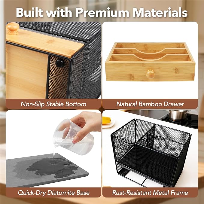 Kitchen Utensil Holder Countertop, Extra Large Utensil Organizer with Drawer, 2-Tier Utensil & Silverware Organizer for Kitchen Counter, Cooking Utensil Cutlery Caddy, Quick Dry Diatomite Base