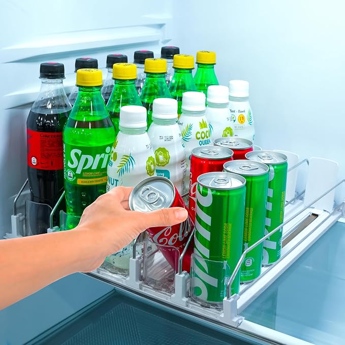 Self Pushing Drink Organizer for Fridge - 5 Rows, Upgraded Design Soda Can Organizer for Refrigerator with Larger Stopper Height & Locking Feature, Can Dispenser for Fridge, Holds 25-30 Cans | Maximizes Refrigerator Space
