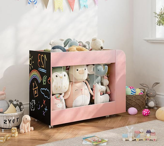 Kids Toy Storage Organizer with Drawing Chalkboard, Toy Storage Box with Stuffed Animal Storage and 2-Tier Kids Bookshelf, Toy Organizer Chest with 360° Wheels for Playroom, Nursery, Bedroom, Pink